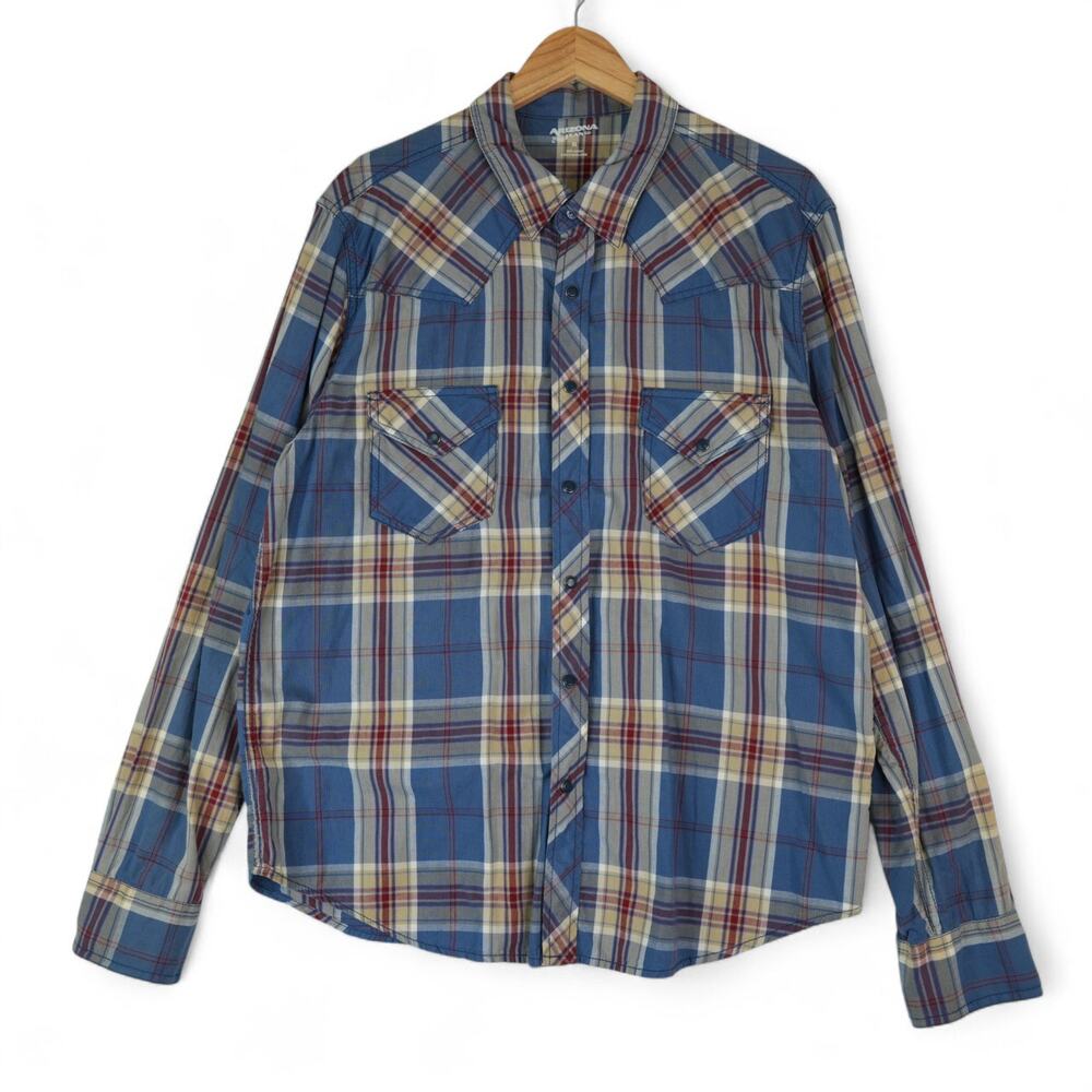 Arizona Jean Co Shirt Mens XL Blue Red Plaid Cotton Long Sleeve Snap Button